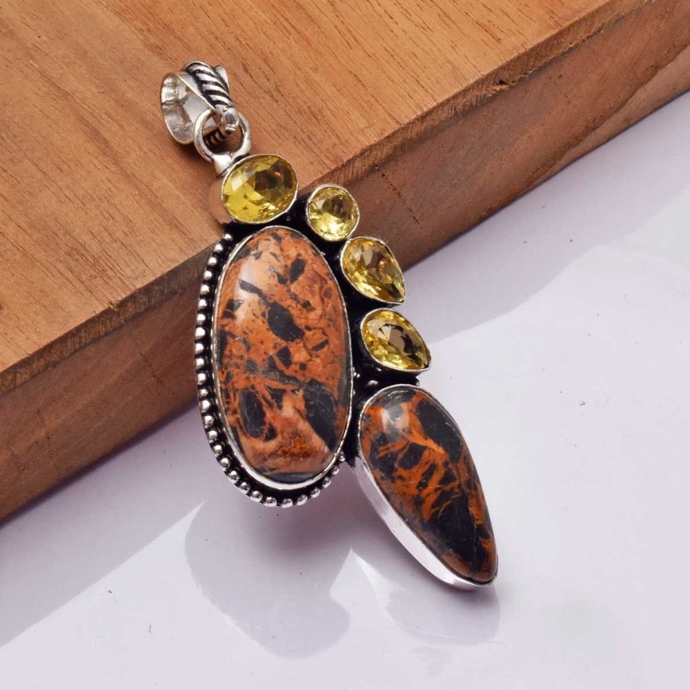 Jasper + Citrine Gemstone 925 Stamped Silver Plated Necklace.